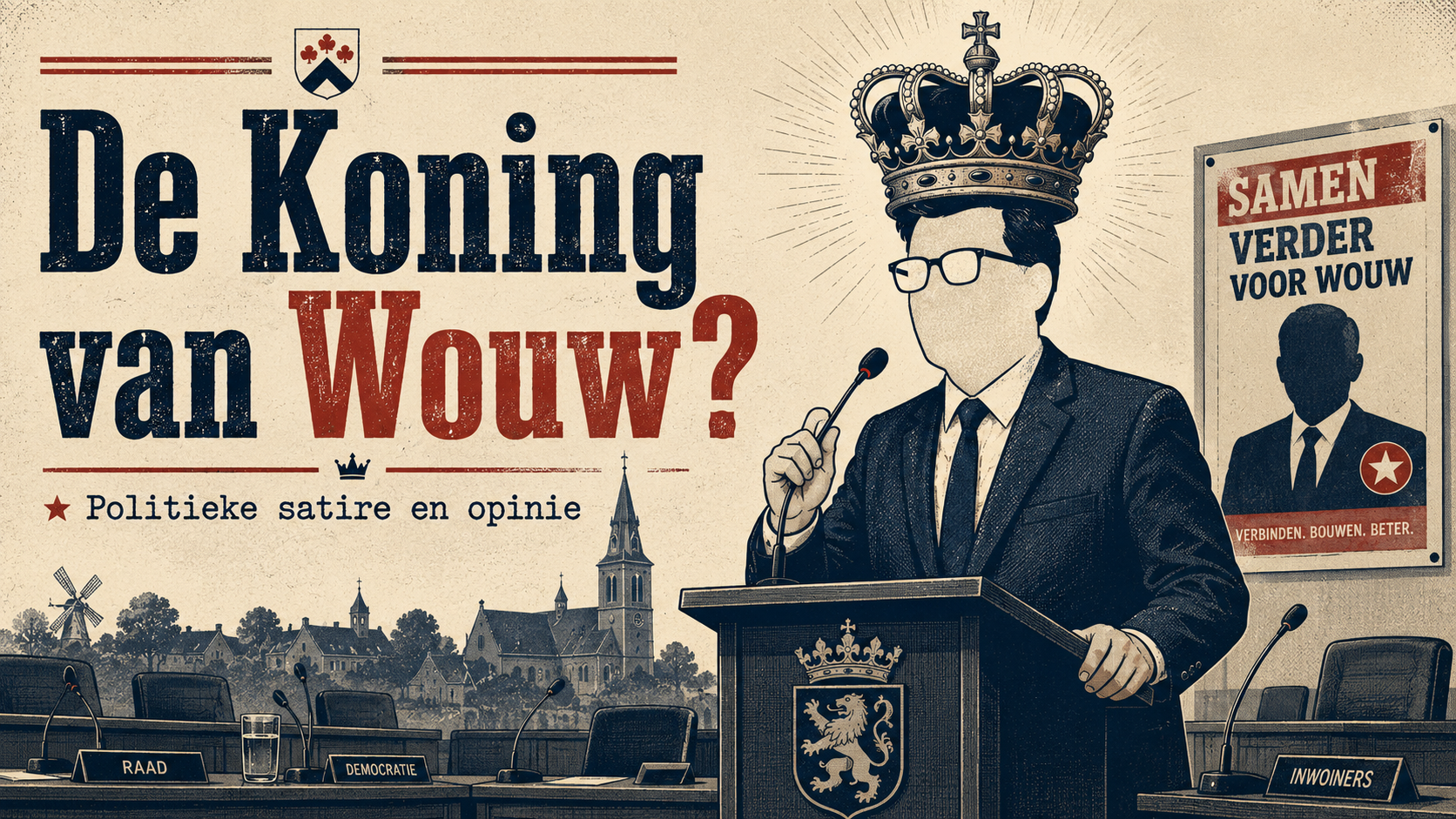Satirische poster met de tekst De Koning van Wouw? en een lokale politieke raadszaal.
